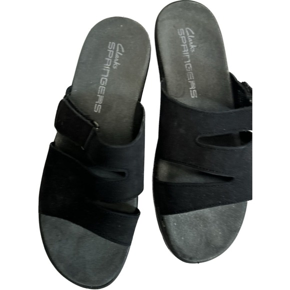 Clarks Sunstar Springers Black Nubock Leather Sandals Open Back Sz 6M Prime Cond - Picture 1 of 11